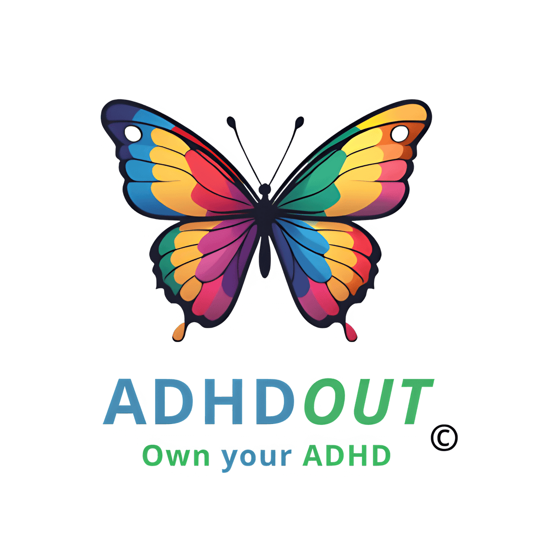 Colorful butterfly logo with 'ADHD OUT' text on a black background